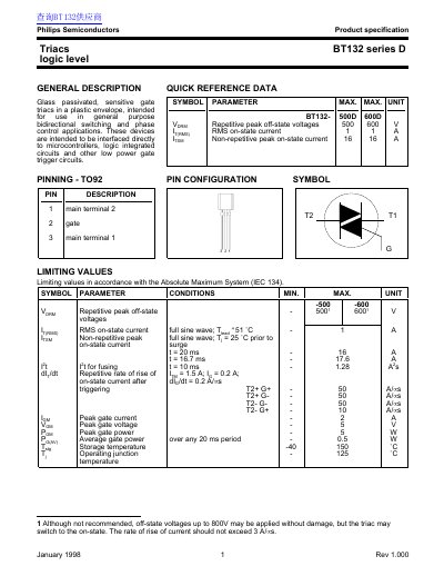 Philips Semiconductors BT132 Series D Logic Level Triac Product Specification - cover page