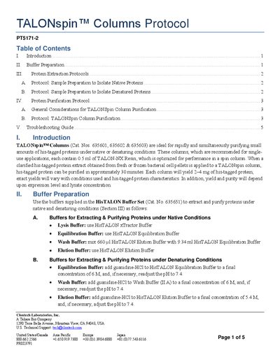 Clontech TALONspin™ Columns Protocol - cover page