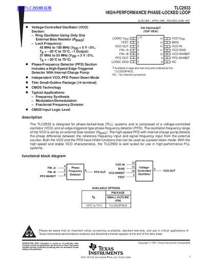 TEXAS INSTRUMENTS TLC2933 HIGH-PERFORMANCE PHASE-LOCKED LOOP handbook - cover page
