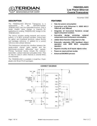 Teridian 78Q8392L/A03 Low Power Ethernet Coaxial Transceiver Datasheet - cover page