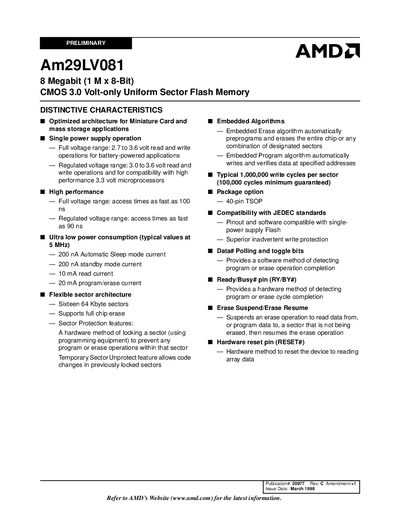 AMD Am29LV081 Flash Memory Datasheet - cover page