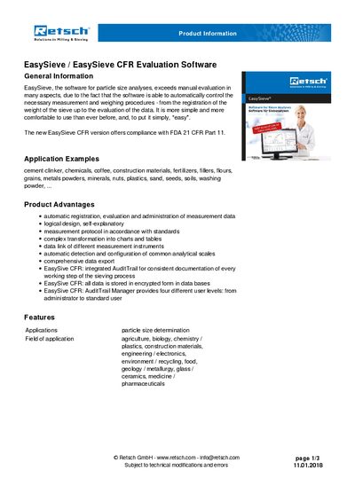 Retsch EasySieve / EasySieve CFR Evaluation Software User Manual - cover page