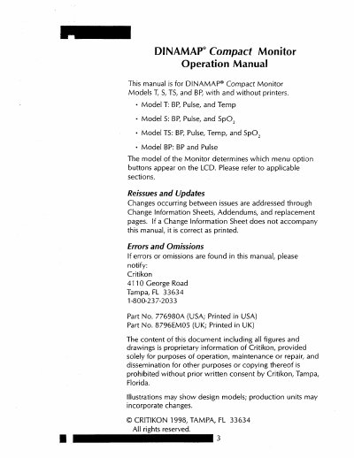 Critikon DINAMAP Compact Monitor Operation Manual - cover page