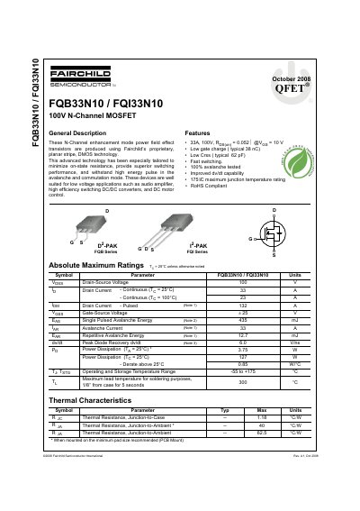 Fairchild FQB33N10/FQI33N10 100V N-Channel MOSFET Datasheet