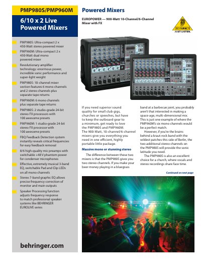 Behringer PMP980S/PMP960M Powered Mixers Product Leaflet - cover page