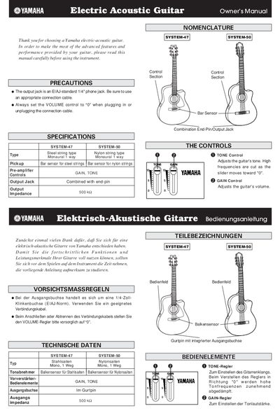 Yamaha SYSTEM-47/50 Electric Acoustic Guitar Owner's Manual - cover page