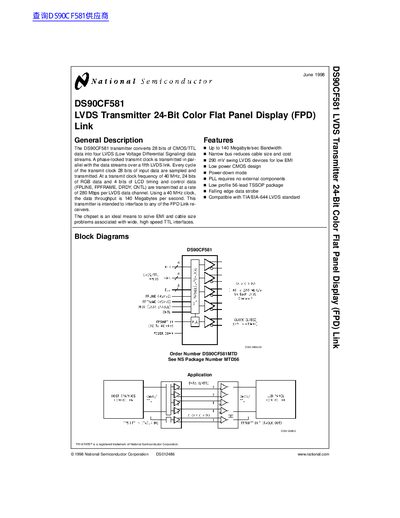 National Semiconductor DS90CF581 LVDS Transmitter 24-Bit Color Flat Panel Display (FPD) Link handbook - cover page