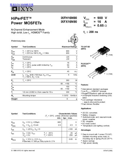 IXYS IXFH16N90/IXFX16N90 Power MOSFET Preliminary Data Sheet