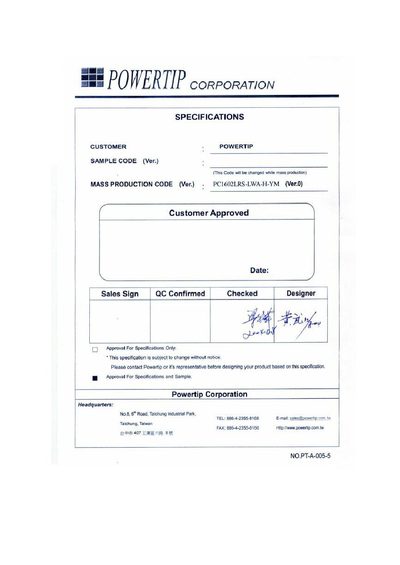 Powertip PC1602LRS-LWA-H-YM LCD Module Datasheet - cover page