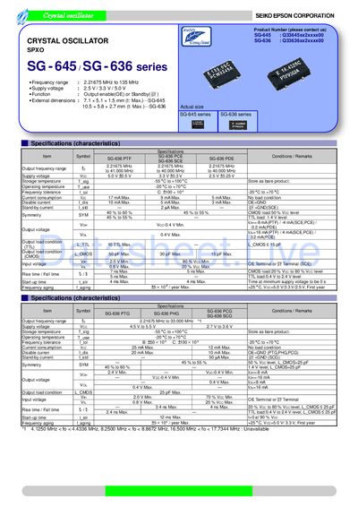 Epson SG-636 and SG-645 Crystal Oscillator Datasheet - cover page