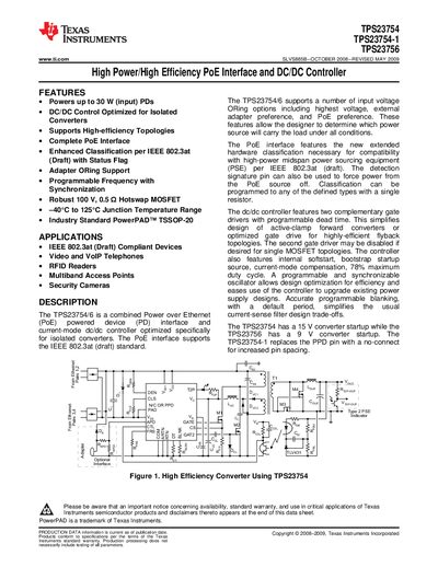 Texas Instruments TPS23754 / TPS23754-1 / TPS23756 High-Power PoE Interface DC/DC Controller Datasheet