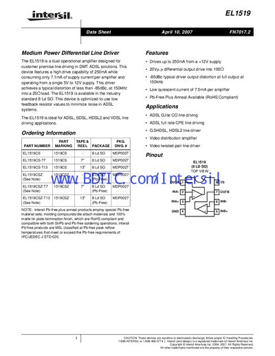Intersil EL1519 Datasheet - cover page