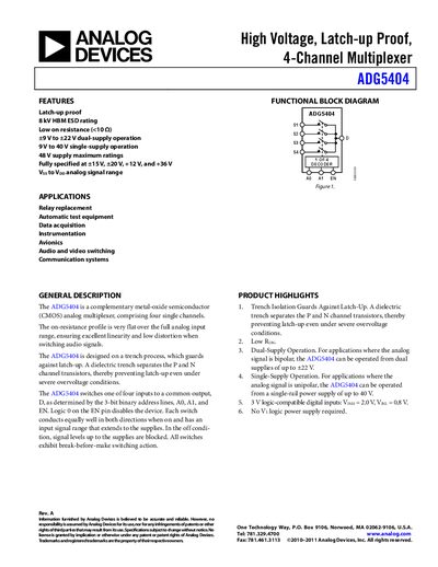 Analog Devices ADG5404 High Voltage Latch-up Proof 4-Channel Multiplexer Datasheet - cover page