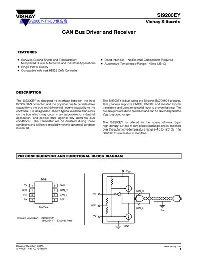 Vishay Si9200EY CAN Bus Driver and Receiver Datasheet - cover page