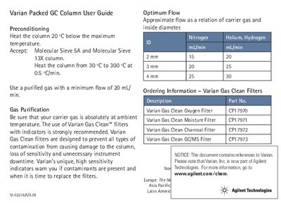 Varian Packed GC Column User Guide - cover page