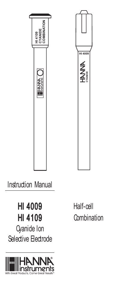 Hanna Instruments HI 4009/HI 4109 Cyanide Electrode Instruction Manual - cover page