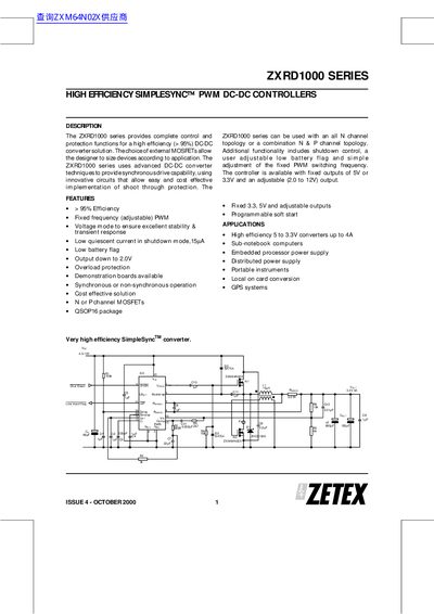 Zetex ZXRD1000 Series High Efficiency SimpleSync PWM DC-DC Controller Datasheet - cover page