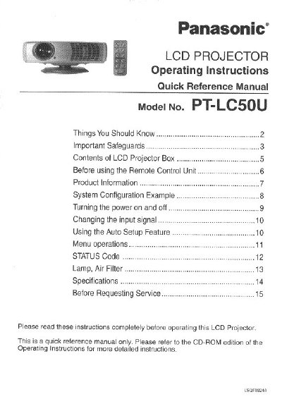 Panasonic PT-LC50U LCD Projector Quick Reference Manual - cover page