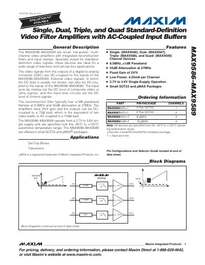 Maxim MAX9586–MAX9589 Standard-Definition Video Filter Amplifiers Datasheet - cover page