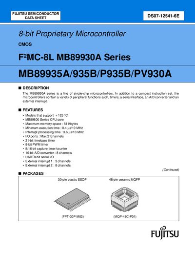 Fujitsu MB89930A Series 8-bit Proprietary Microcontroller Data Sheet - cover page