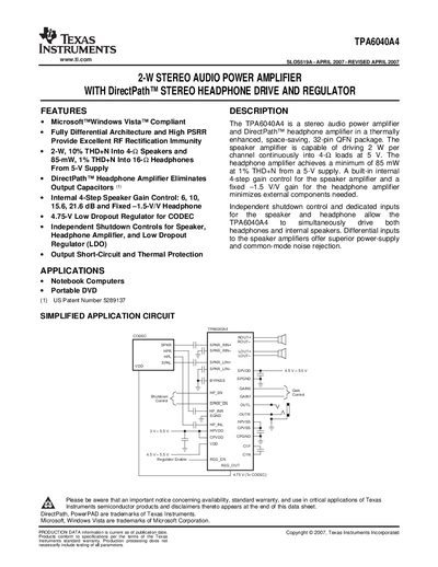 Texas Instruments TPA6040A4 Audio Power Amplifier Data Sheet - cover page
