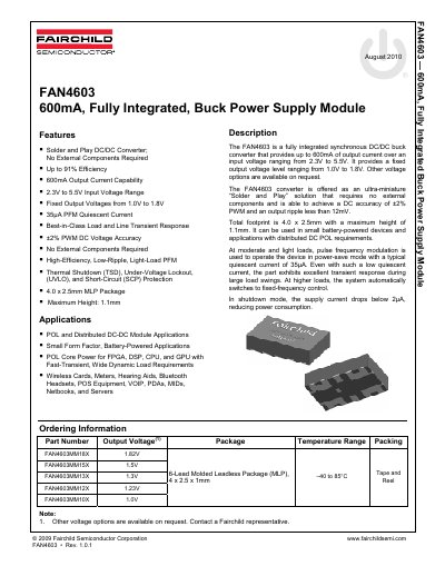 Fairchild FAN4603 600mA Fully Integrated Buck Power Supply Module Datasheet - cover page