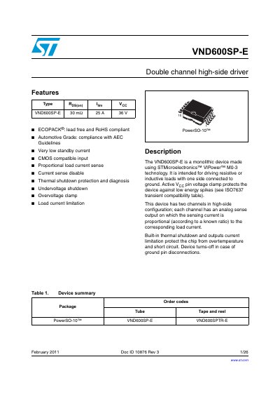 STMicroelectronics VND600SP-E Double Channel High-Side Driver Datasheet