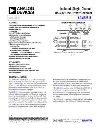 Analog Devices ADM3251E Isolated RS-232 Line Driver/Receiver Datasheet