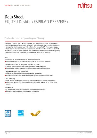 Fujitsu ESPRIMO P756/E85+ Desktop Data Sheet - cover page
