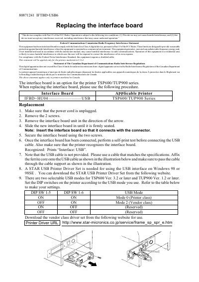 Star Micronics TSP600/TUP900 Interface Board Replacement Manual - cover page