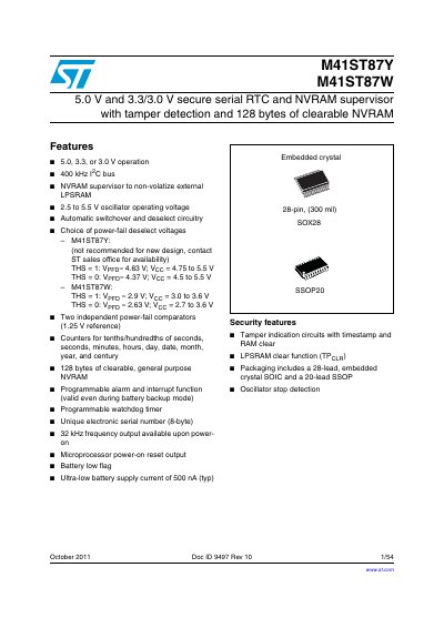 STMicroelectronics M41ST87Y/M41ST87W Secure Serial RTC and NVRAM Supervisor Datasheet