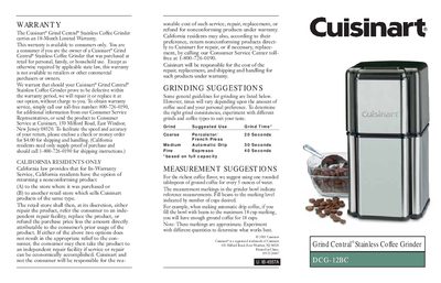 Cuisinart DCG-12BC Grind Central Stainless Coffee Grinder User Manual - cover page