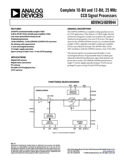 Analog Devices AD9943/AD9944 10‑Bit/12‑Bit 25 MHz CCD Signal Processors Datasheet - cover page
