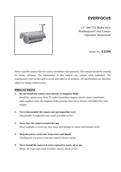 EverFocus EZ350 Weatherproof Color Camera Operation Instructions - cover page