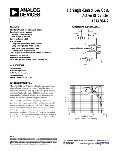 Analog Devices ADA4304-2 Active RF Splitter Datasheet - cover page