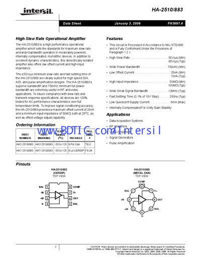 Intersil HA-2510/883 Operational Amplifier Datasheet - cover page