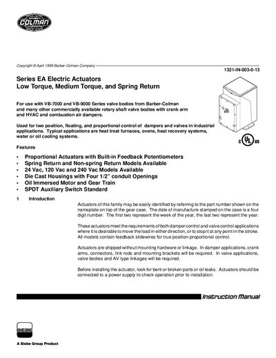 Barber-Colman Series EA Electric Actuators Instruction Manual - cover page