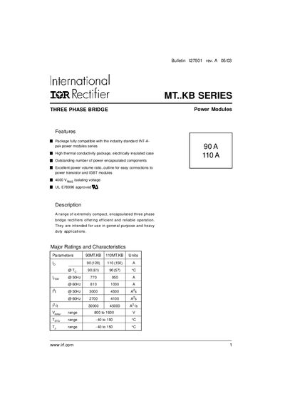 International Rectifier 90-110MT..KB Series Three-Phase Bridge Rectifier Datasheet - cover page