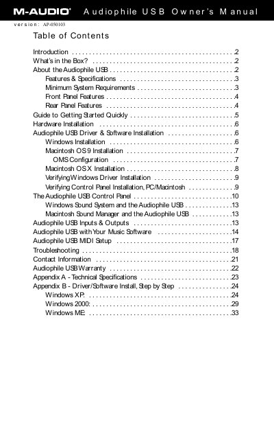 M-Audio Audiophile USB Owner's Manual - cover page