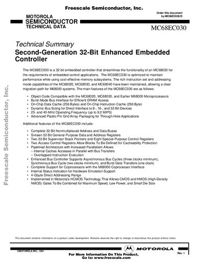 FREESCALE SEMICONDUCTOR MC68EC030 Technical Summary Second-Generation 32-Bit Enhanced Embedded Controller  - cover page