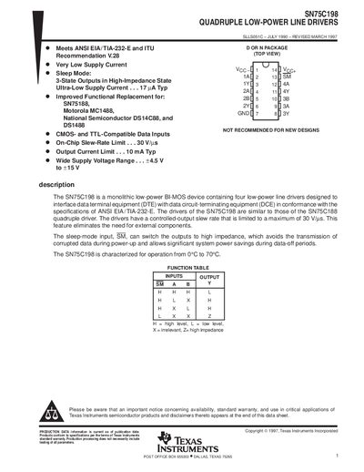 Texas Instruments SN75C198 Quadruple Low-Power Line Drivers Datasheet - cover page
