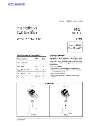 International Rectifier 6TQ Series Schottky Rectifier Datasheet - cover page