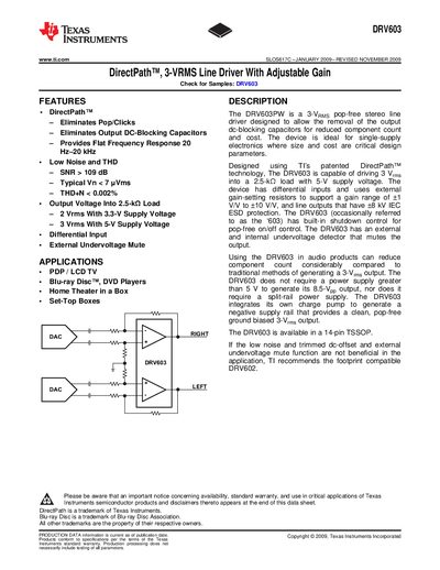 Texas Instruments DRV603 DirectPath 3‑VRMS Line Driver Adjustable Gain Handbook