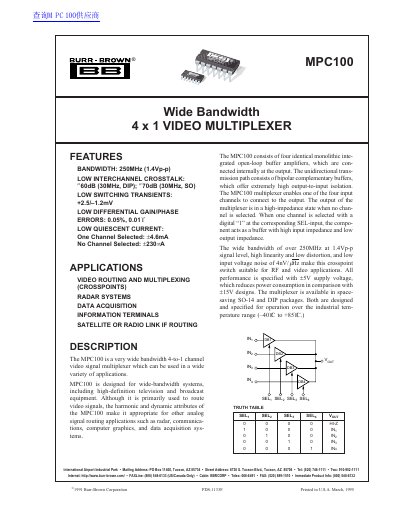 Burr-Brown MPC100 Wide Bandwidth 4x1 Video Multiplexer Datasheet - cover page