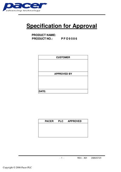 Pacer PFO9506 Specification for Approval - cover page