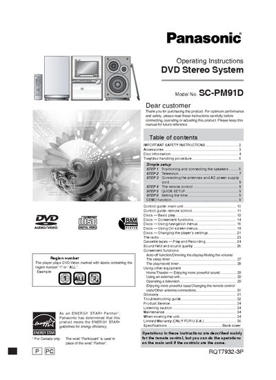 Panasonic SC-PM91D DVD Stereo System Operating Instructions - cover page