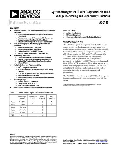 Analog Devices AD5100 System-Management IC Datasheet - cover page
