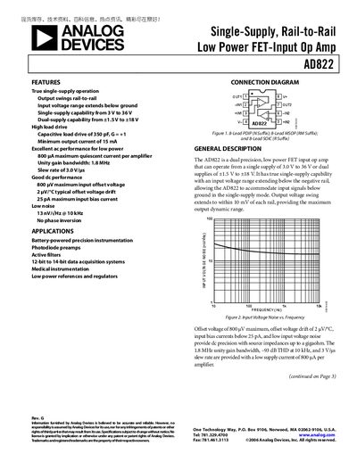 Analog Devices AD822 Dual Op Amp Datasheet - cover page