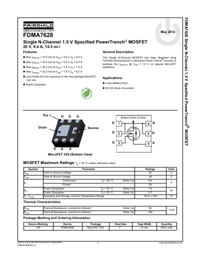 Fairchild FDMA7628 Single N-Channel MOSFET Datasheet - cover page