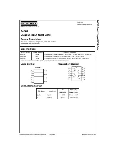 Fairchild 74F02 Quad 2-Input NOR Gate Datasheet - cover page